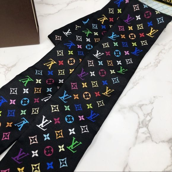 SOLD Louis Vuitton Murakami black multicolored bandeau twilly scarf Rare - Picture 5 of 10